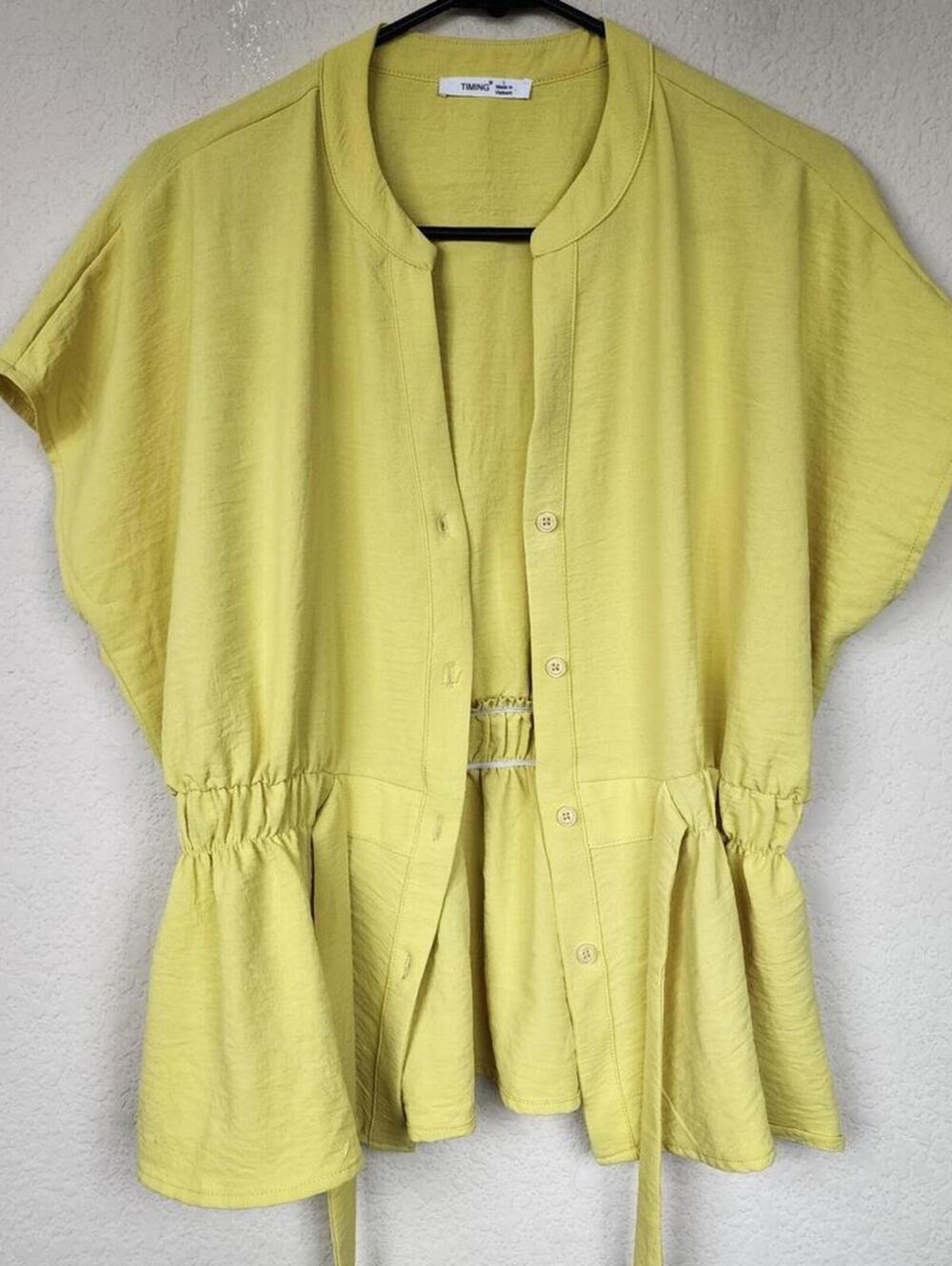 Large Yellow Button Up Tied Smocked Blouse